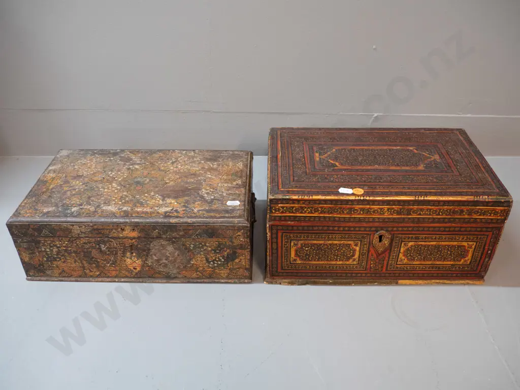 vintage Indian storage or trinket boxes with hinged lids - overall wear, some damage, larger is H-150 W-305 D-200 Image 1++