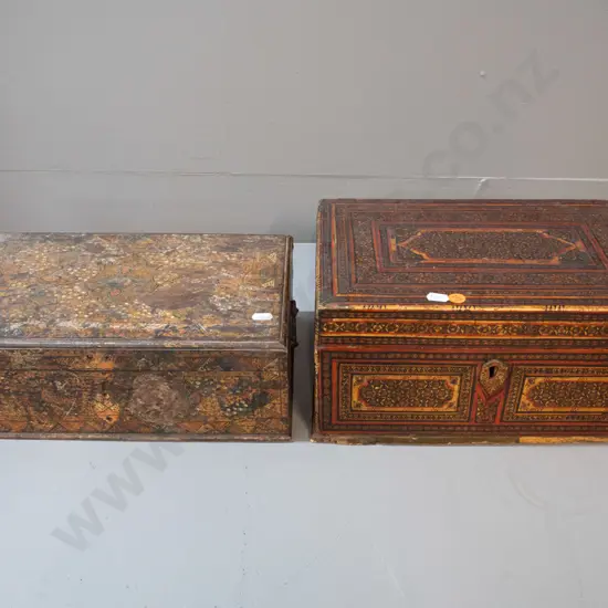 vintage Indian storage or trinket boxes with hinged lids - overall wear, some damage, larger is H-150 W-305 D-200