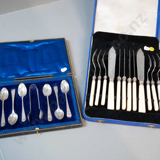 2 sets of plated cutlery - 6 bone handled fish knives and forks, and 6 teaspoons with sugar tongs