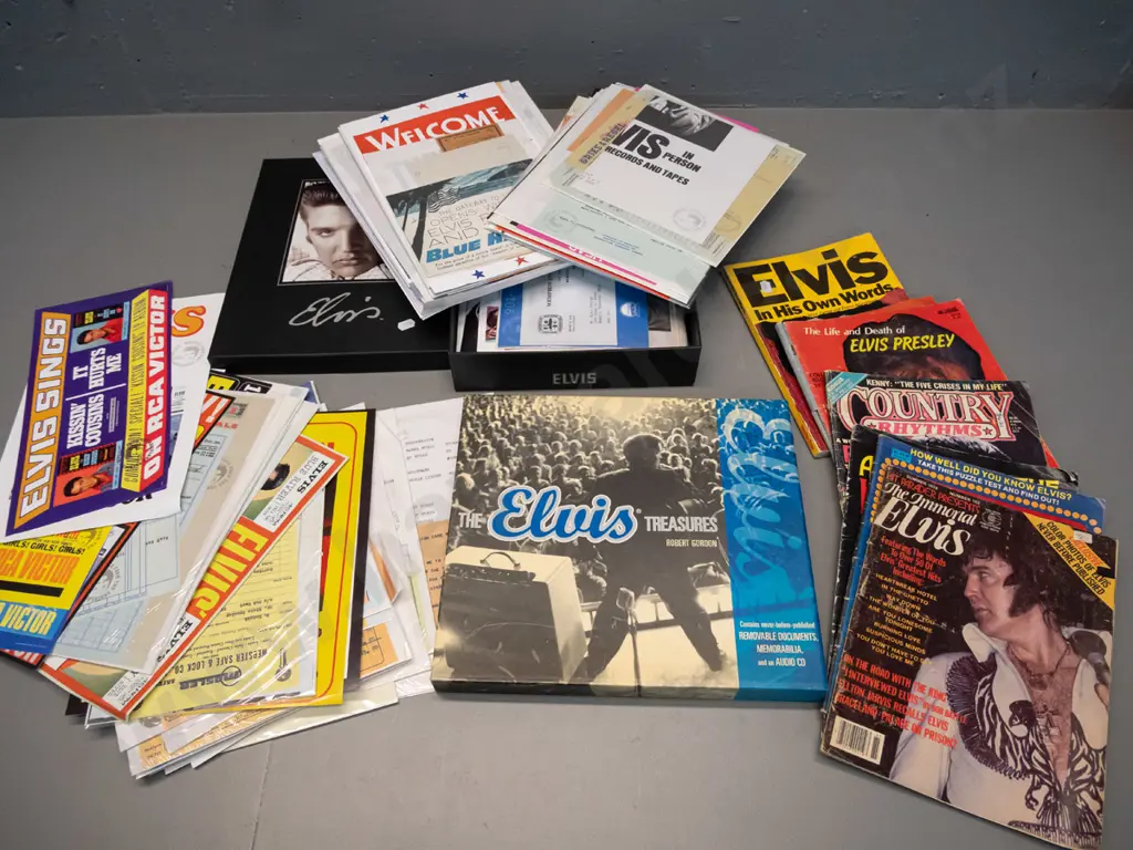 large quantity of facsimile Elvis Presley memorabilia with box, slip-cased Elvis Treasures book with CD and pull-out Image 1++