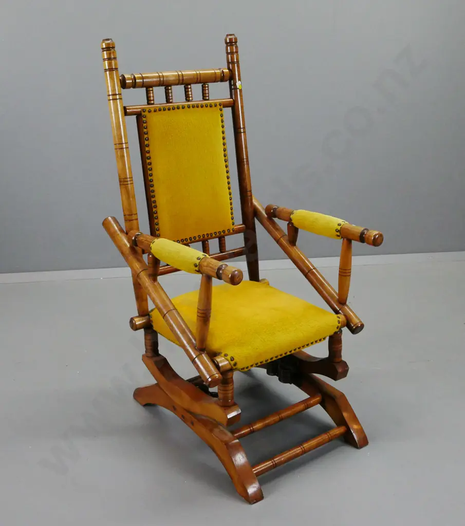vintage turned beech sprung Dexter rocking chair upholstered in gold velvet H-1120 W-530 D-660 Image 1++