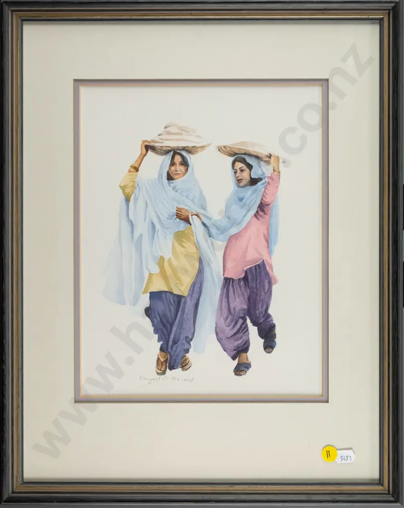 Margaret A Howard - framed watercolour - women carrying bundles on heads H-280  W-210 Image 1++