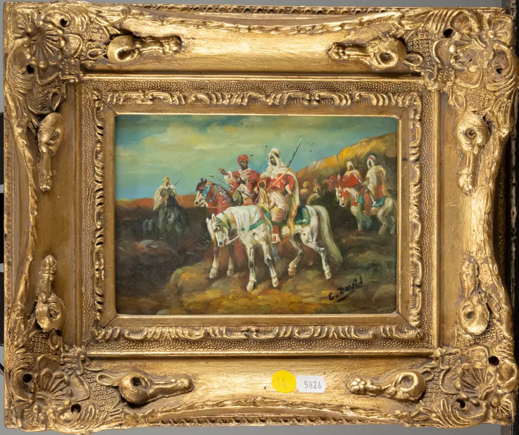 C David - gilt framed acrylic - men on horseback H-110 W-160 Image 1++