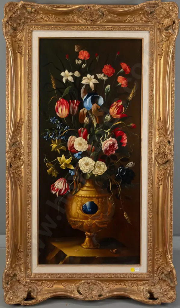 L d.v Waart - gilt framed oil still life flowers in vase H-790 W-360 Image 1++