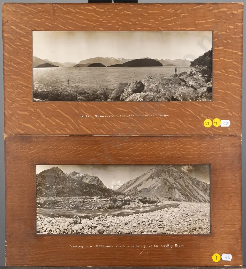 2 framed vintage black and white scenic photographs - McKinnon's Creek, Lake Manapouri (some aging) Each H-115 W-300 Image 1++