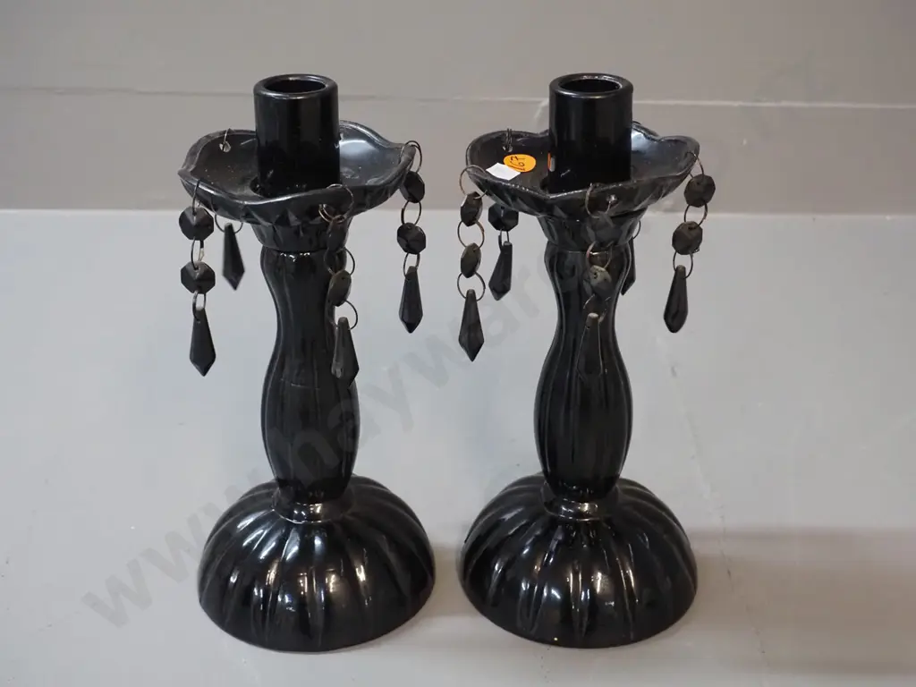 vintage dark purple moulded glass candlesticks with removable collars w/ hanging lustres H-250 Image 1++