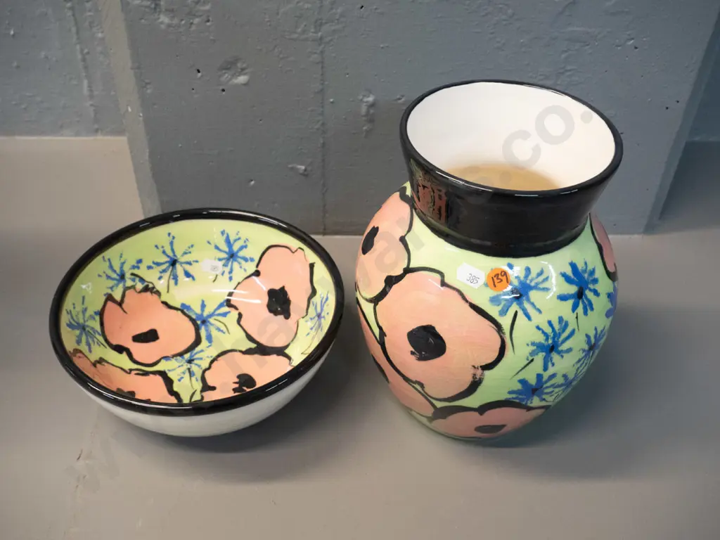 studio pottery vase H250 and bowl D-210. Frank Hakkaart, Dunedin label on bottom of vase Image 1++