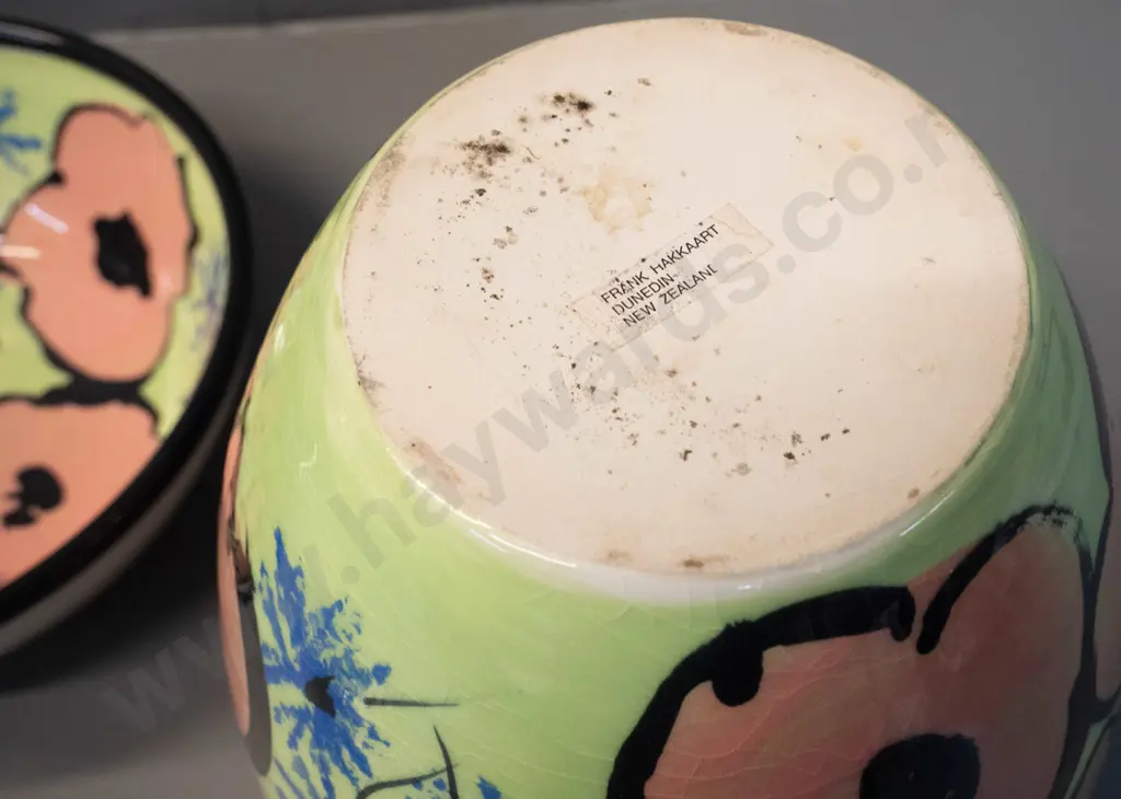 studio pottery vase H250 and bowl D-210. Frank Hakkaart, Dunedin label on bottom of vase Image 1++