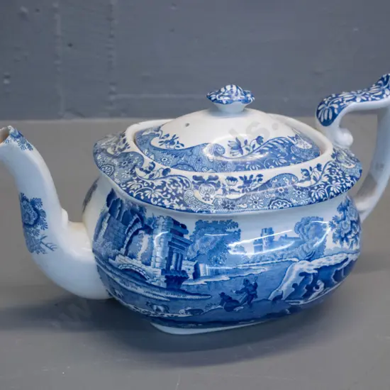 Spode blue & white "Italian" pattern teapot - small fleck to spout H-130 L-270