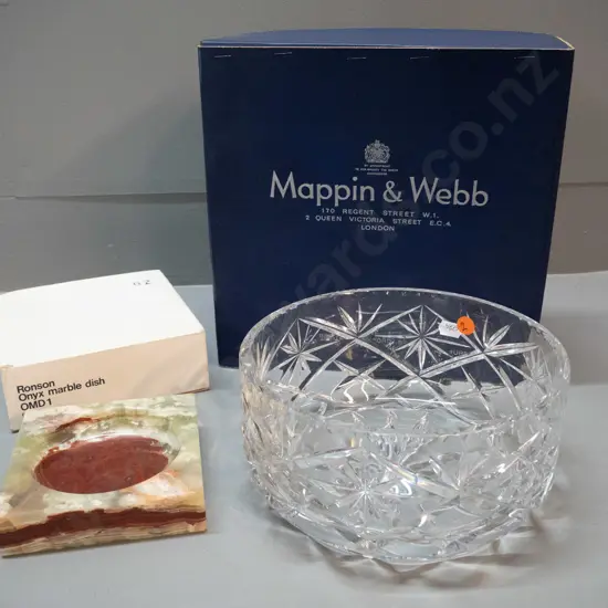 Mappin & Webb heavy cut crystal salad bowl D-200 and a boxed Ronson onyx marble dish/ashtray