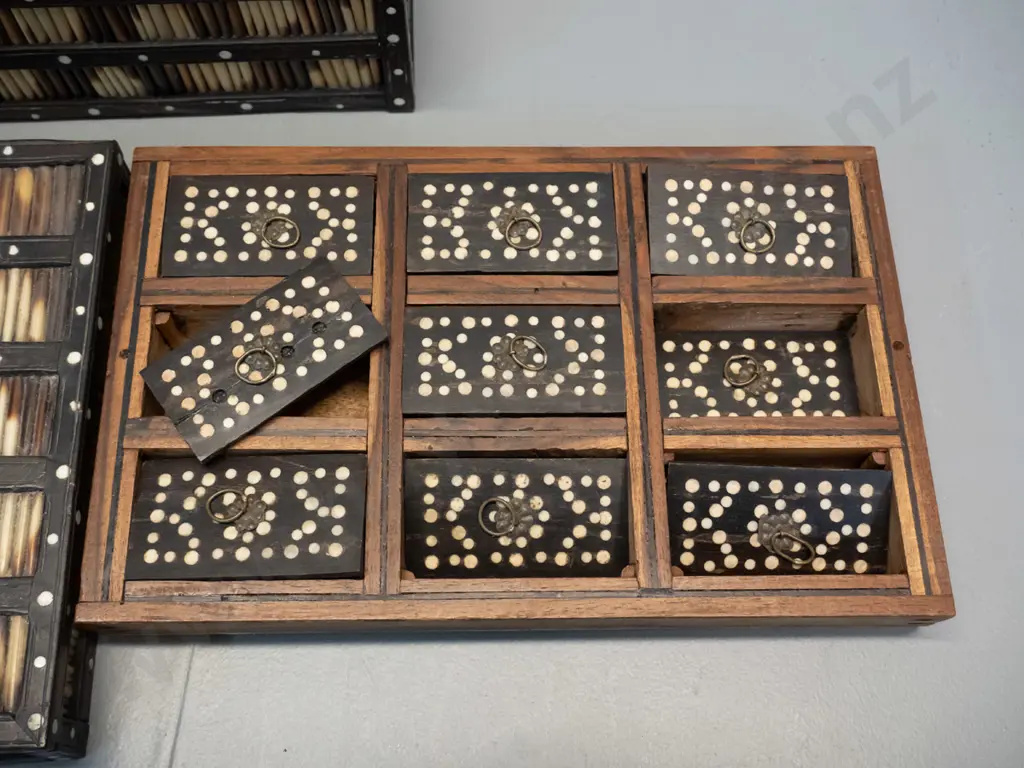 quill and timber box with inlaiid (bone?) dot decoration, interior tray with lidded compartments - in restorer's Image 1++