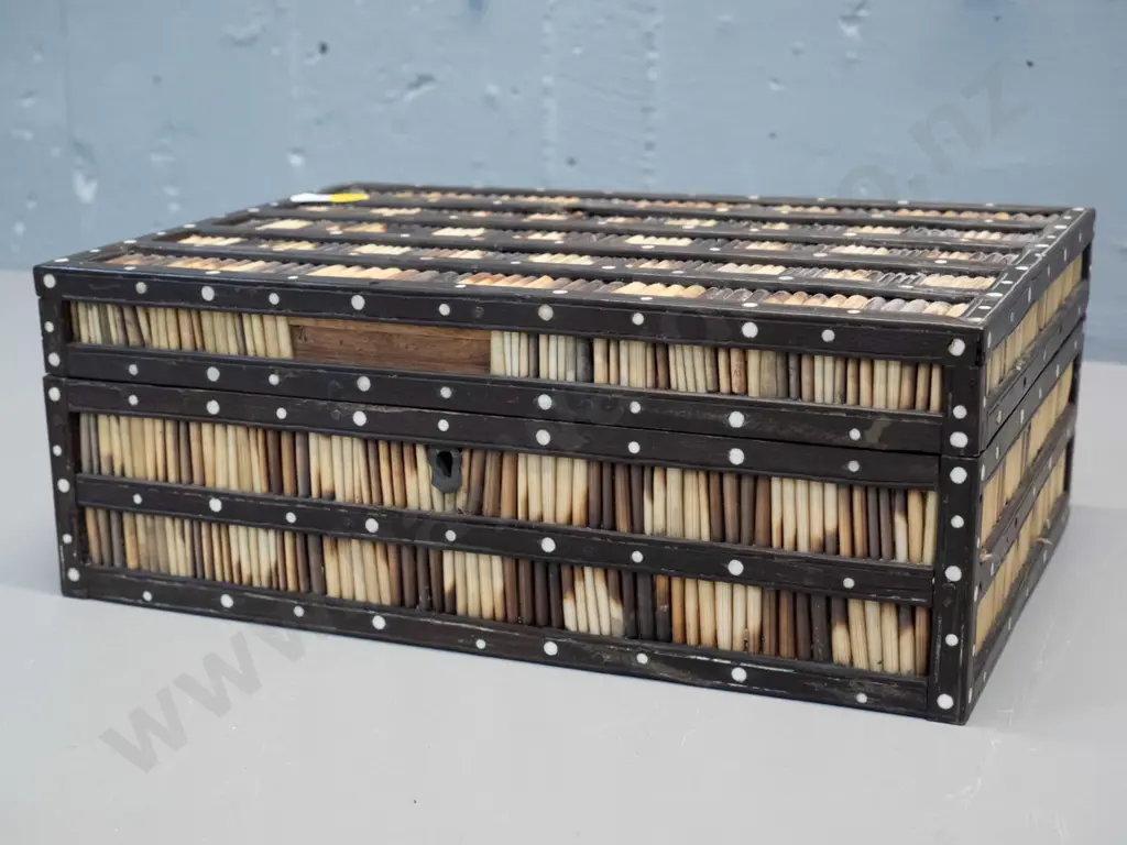 quill and timber box with inlaiid (bone?) dot decoration, interior tray with lidded compartments - in restorer's Image 1++