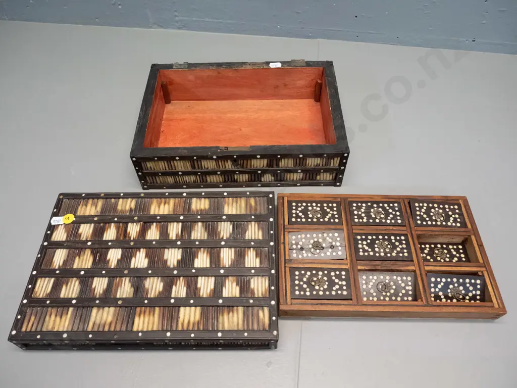 quill and timber box with inlaiid (bone?) dot decoration, interior tray with lidded compartments - in restorer's Image 1++