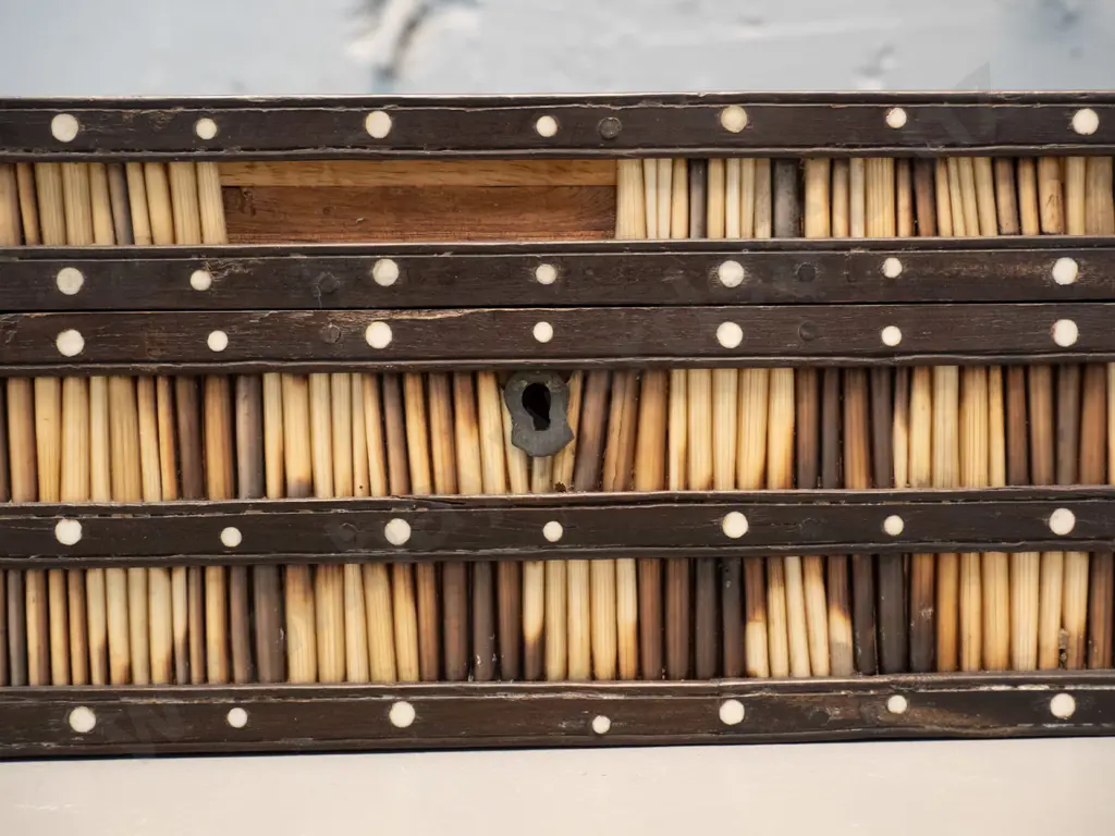 quill and timber box with inlaiid (bone?) dot decoration, interior tray with lidded compartments - in restorer's Image 1++