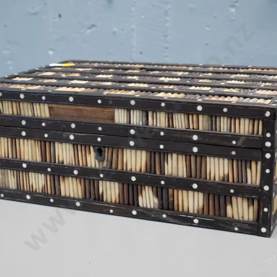 quill and timber box with inlaiid (bone?) dot decoration, interior tray with lidded compartments - in restorer's