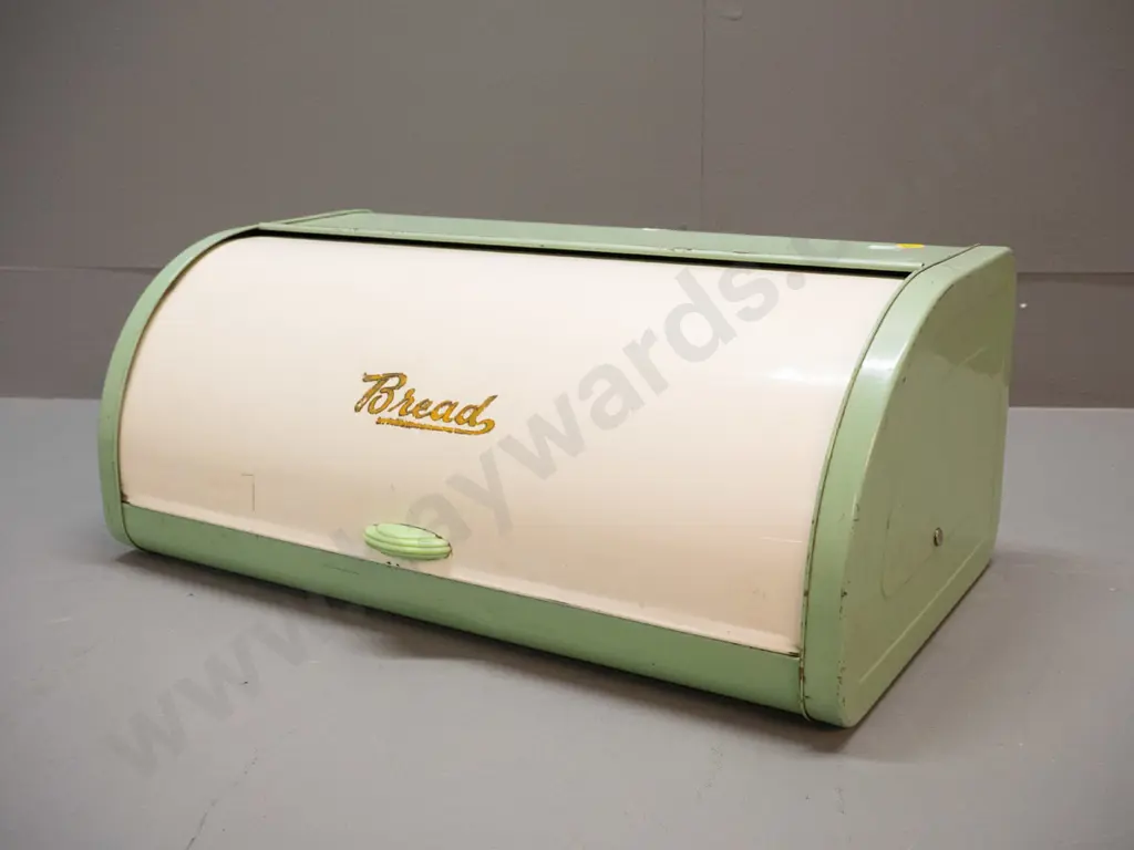 retro green and cream enamel metal bread bin - some wear to finish H-170 W-430 D-240 Image 1++