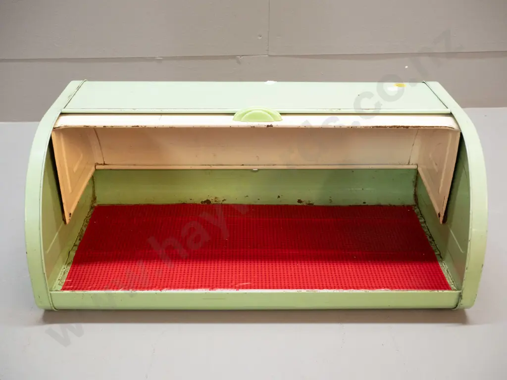 retro green and cream enamel metal bread bin - some wear to finish H-170 W-430 D-240 Image 1++