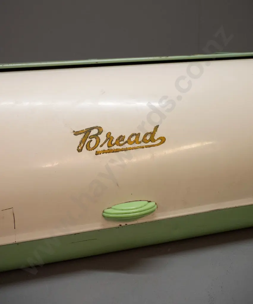 retro green and cream enamel metal bread bin - some wear to finish H-170 W-430 D-240 Image 1++