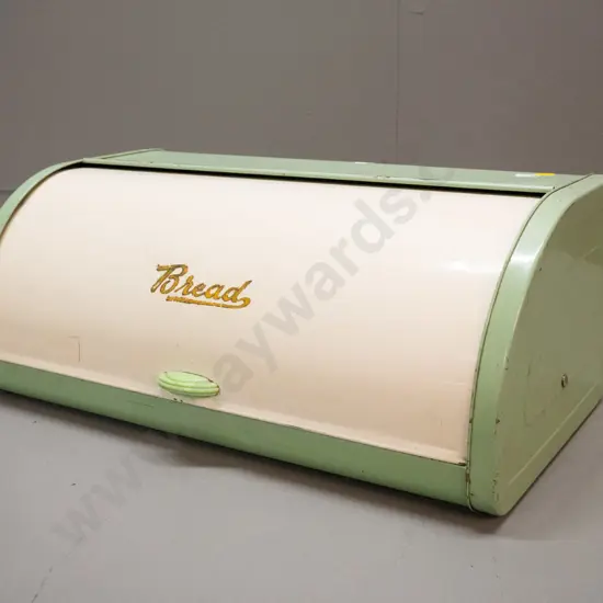 retro green and cream enamel metal bread bin - some wear to finish H-170 W-430 D-240