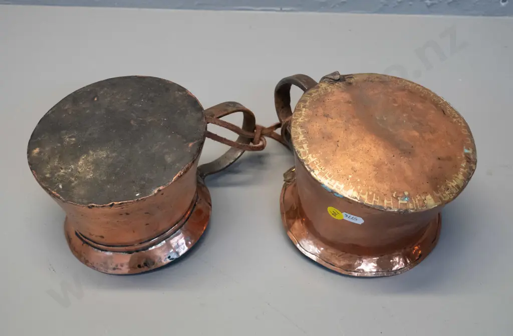 pair vintage copper plated jugs with rustic forged handles, joined with leather strap. Dents and corrosion, slightly Image 1++