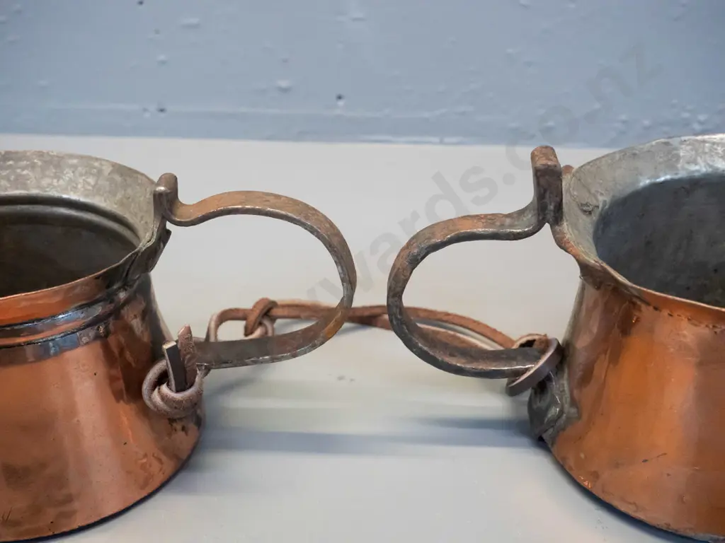 pair vintage copper plated jugs with rustic forged handles, joined with leather strap. Dents and corrosion, slightly Image 1++