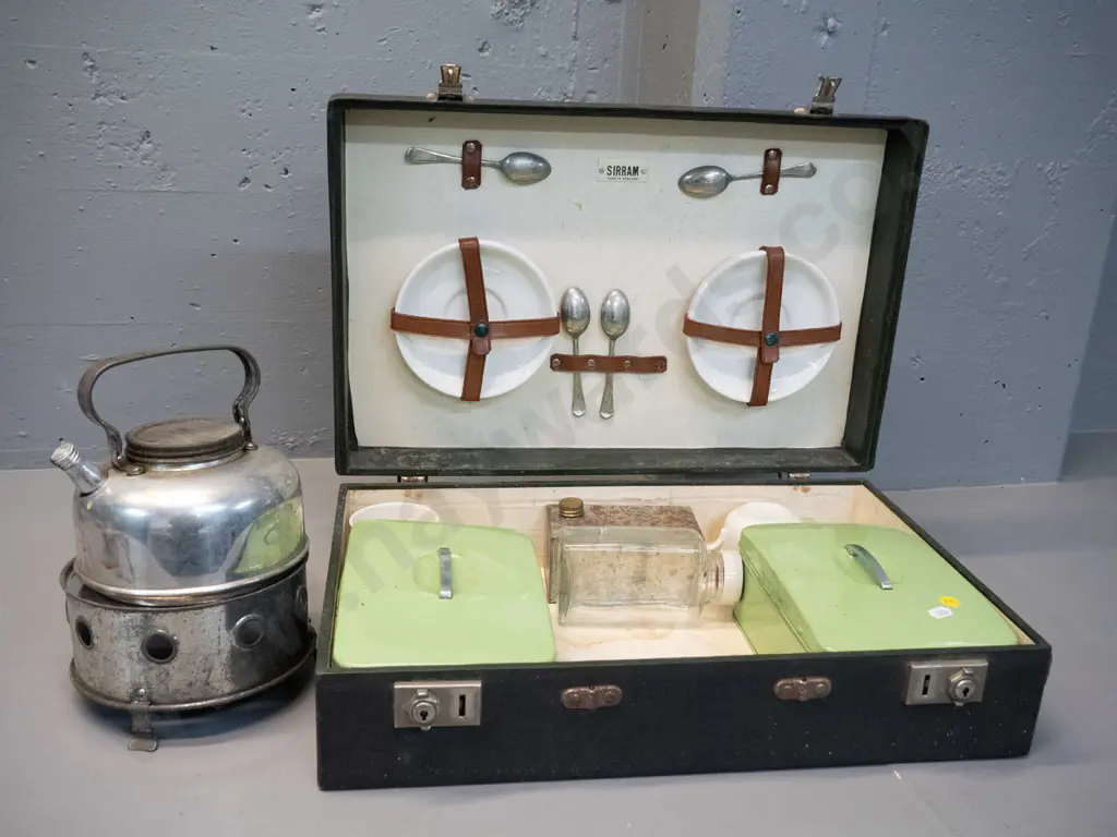 Sirram cased picnic set with kettle & nesting stand, 2 tins, assorted crockery and cutlery - corrosion to some pieces, Image 1++