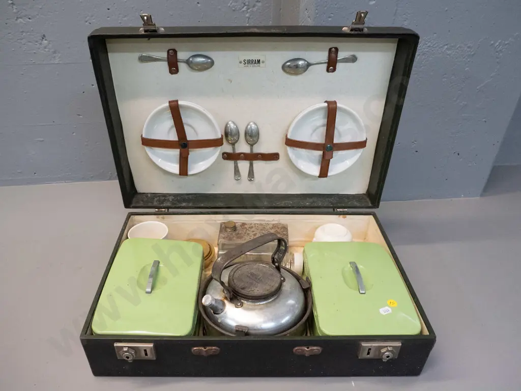Sirram cased picnic set with kettle & nesting stand, 2 tins, assorted crockery and cutlery - corrosion to some pieces, Image 1++