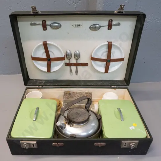 Sirram cased picnic set with kettle & nesting stand, 2 tins, assorted crockery and cutlery - corrosion to some pieces,