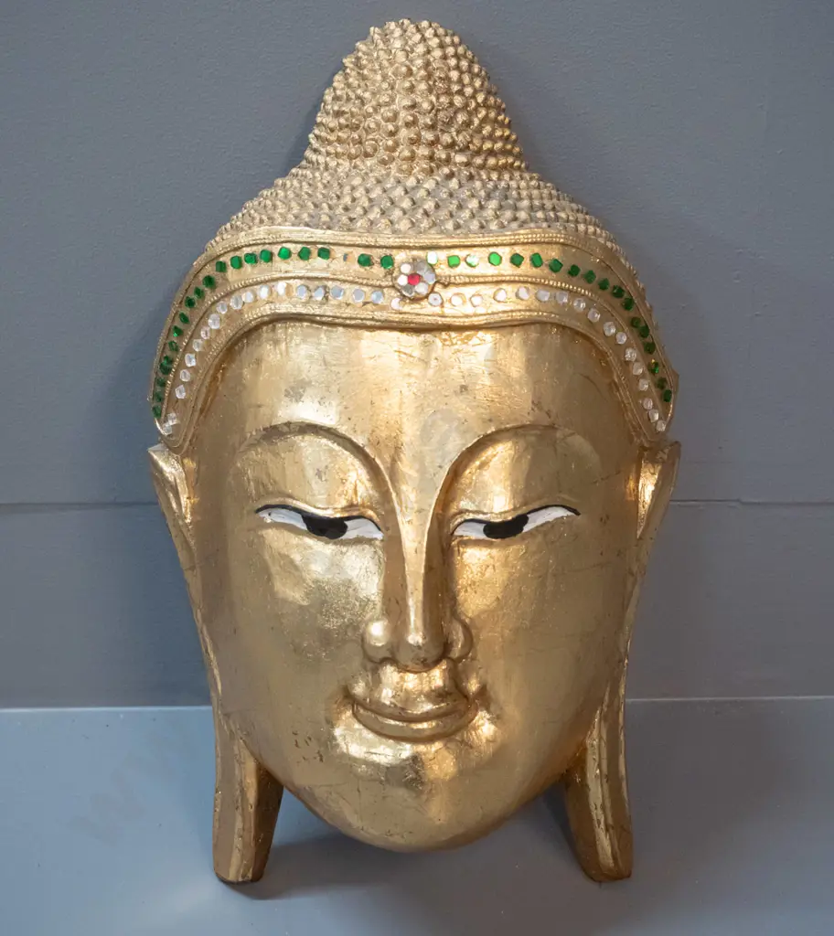 gilded and painted timber wall hanging Buddha head H-370 W-220 Image 1++