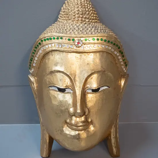 gilded and painted timber wall hanging Buddha head H-370 W-220