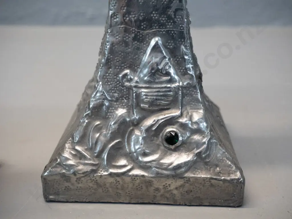 pair of vintage hand-beaten and decorated pewter candlesticks w/ bird and flower motifs, some damage to pewter at top Image 1++