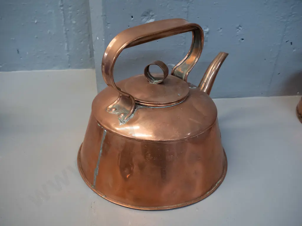 vintage copper kettle with strap handle - some dents and signs of repair H-220 L-310 at spout Image 1++