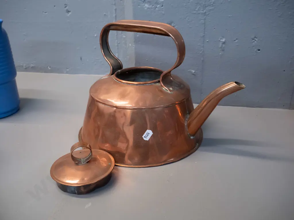 vintage copper kettle with strap handle - some dents and signs of repair H-220 L-310 at spout Image 1++