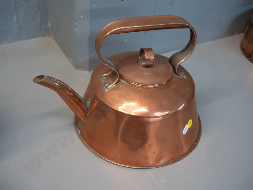 vintage copper kettle with strap handle - some dents and signs of repair H-220 L-310 at spout Image 1++