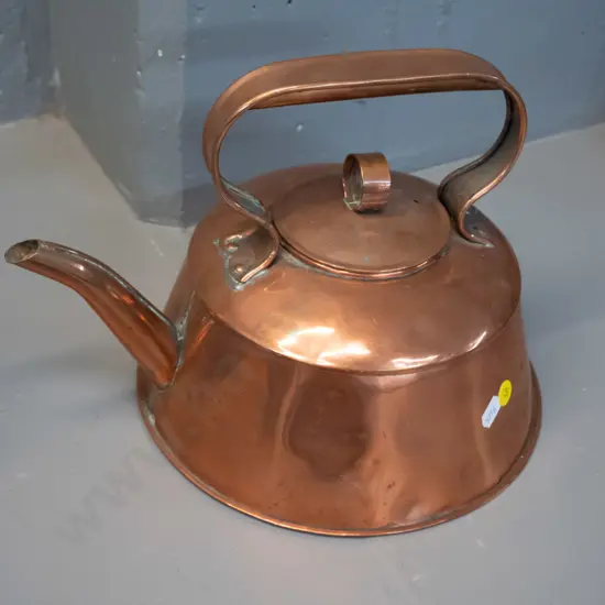 vintage copper kettle with strap handle - some dents and signs of repair H-220 L-310 at spout