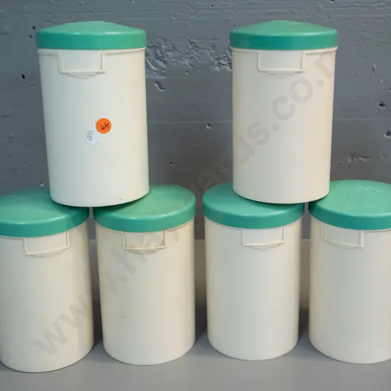 6 plastic Tiger Tea canisters H-170 - cream with green lids