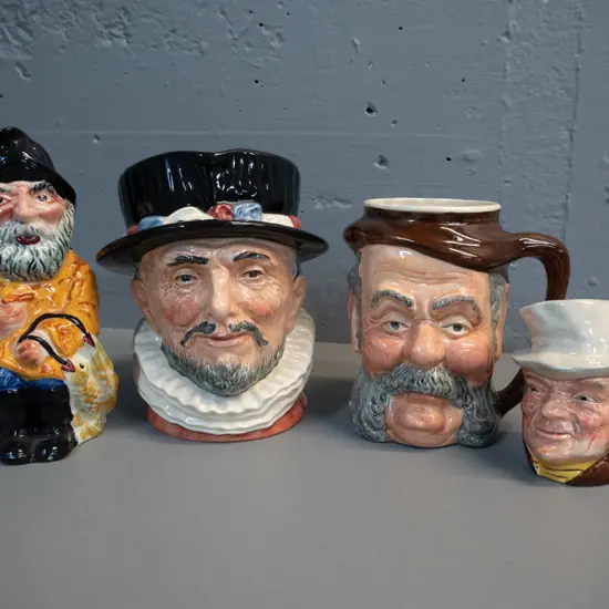 4 character jugs - Royal Doulton Beefeater, Shorter Fisherman H180, Lancaster Sandland John Falstaff & small one with