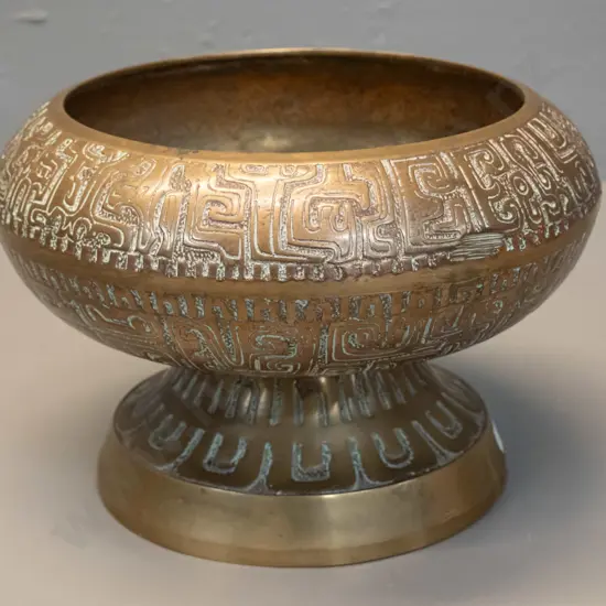 heavy cast brass temple incense burner or footed bowl with incised decoration H-170 D-260