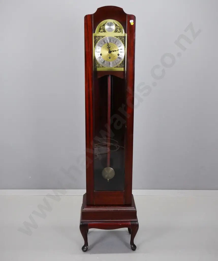 small long-case clock mahogany, glazed door, Tempus Fugit motto on metal dial, engraved spandrels, on plinth base w/cab Image 1++