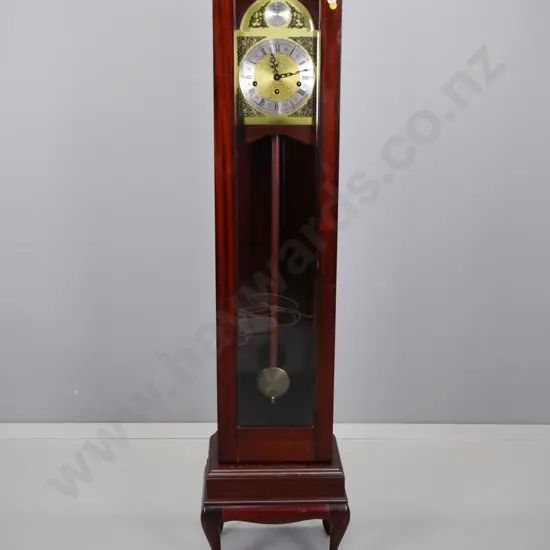 small long-case clock mahogany, glazed door, Tempus Fugit motto on metal dial, engraved spandrels, on plinth base w/cab