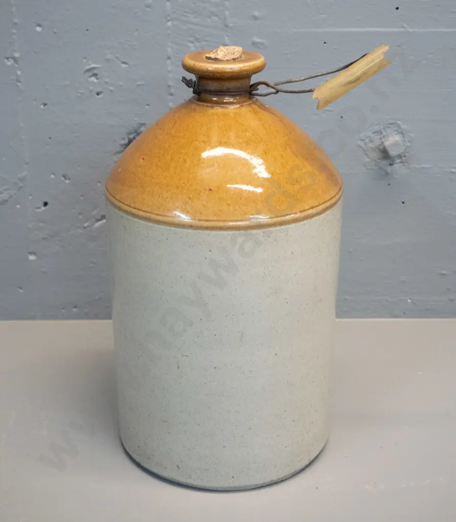 Timaru pottery narrow-mouth stoneware crock with home-made metal handle, remnant of plastic grip H-340 D-200 Image 1++