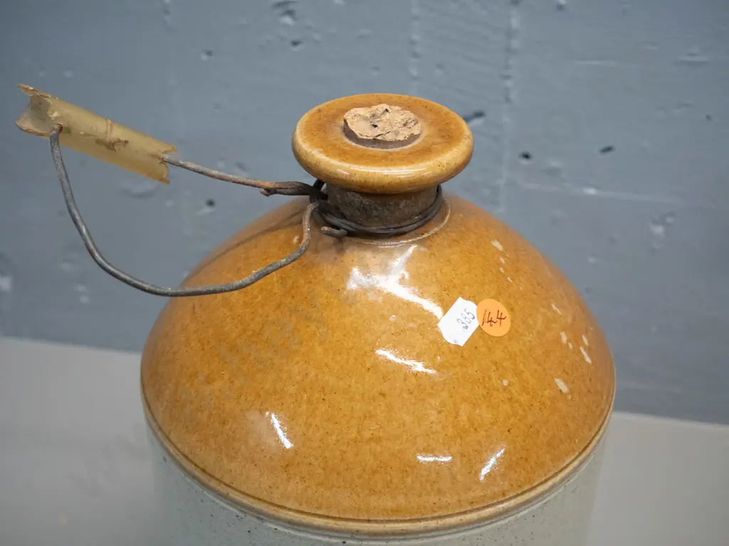 Timaru pottery narrow-mouth stoneware crock with home-made metal handle, remnant of plastic grip H-340 D-200 Image 1++