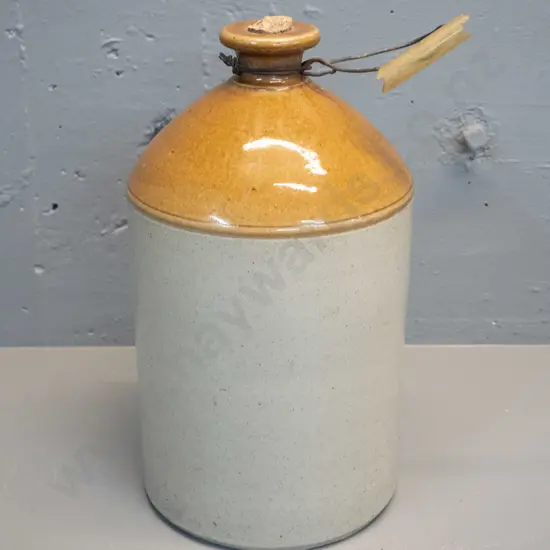 Timaru pottery narrow-mouth stoneware crock with home-made metal handle, remnant of plastic grip H-340 D-200