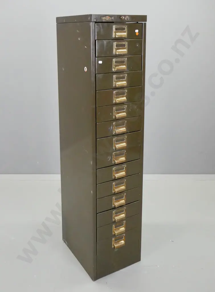 vintage 15-drawer metal A4 filing cabinet, with brass cup handles / label holders - partial label for Coulls Somerville Image 1++