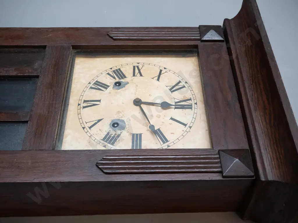 vintage timber cased chiming wall clock - W.L. GIlbert USA label on back - polish needs attention, screw hole to backing Image 1++