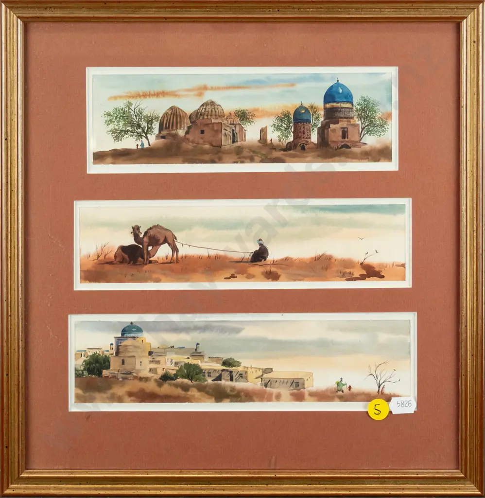 framed watercolour tryptic -Middle Eastern scenes - H-220 W-220 Image 1++