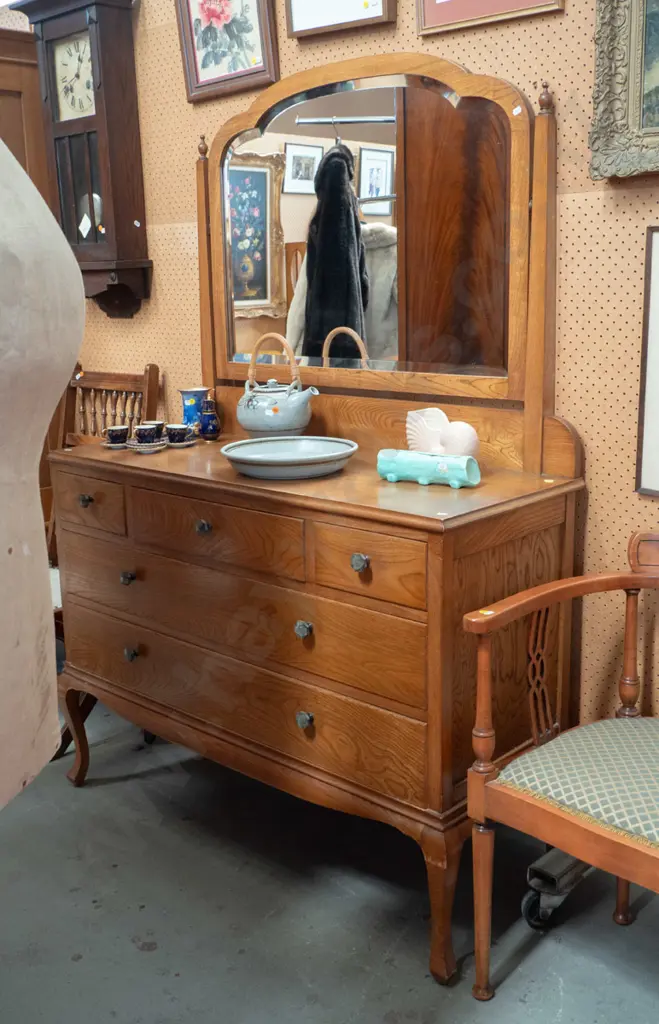 vintage oak & elm dresser with shaped framed bevelled edge mirror, 5 drawers w/ bakelite handles. Plywood back has borer Image 1++