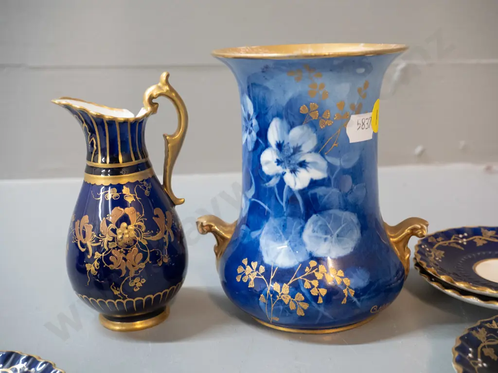 vintage china - 4 miniature Coalport cobalt and gold coffee cups & saucers with 2 extra saucers, Royal Crown Derby jug Image 1++