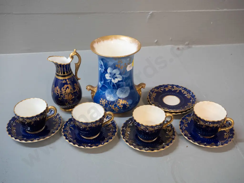 vintage china - 4 miniature Coalport cobalt and gold coffee cups & saucers with 2 extra saucers, Royal Crown Derby jug Image 1++