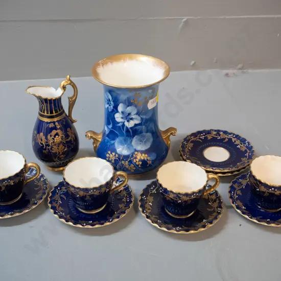 vintage china - 4 miniature Coalport cobalt and gold coffee cups & saucers with 2 extra saucers, Royal Crown Derby jug
